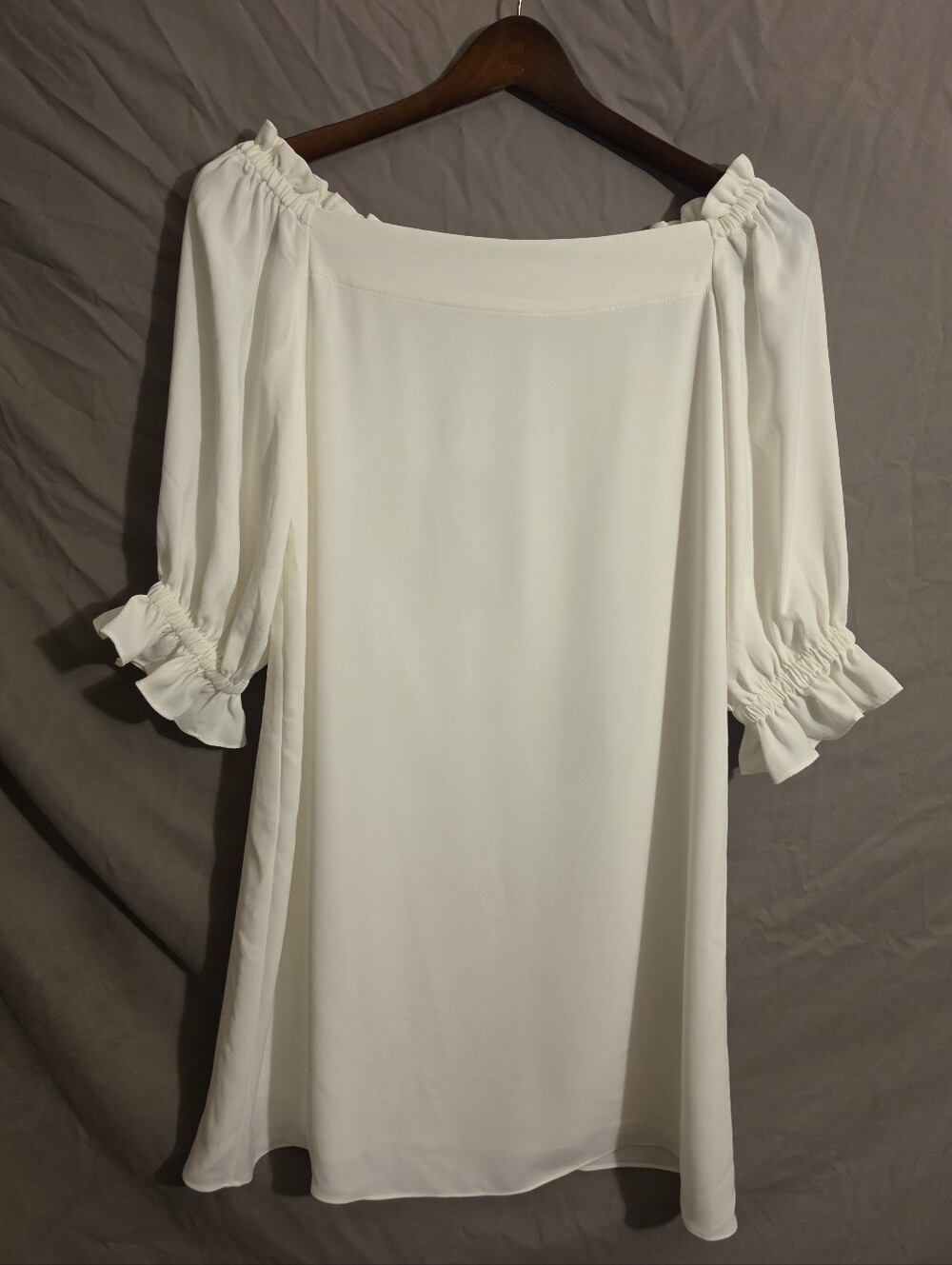 NWT Trina Turk Off Shoulder Ruffle Puff Sleeve Equinox Knee Dress White Womens S